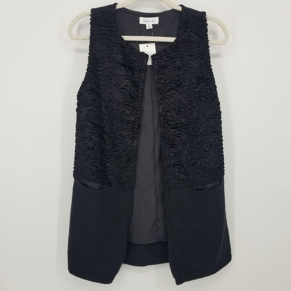 Calvin Klein Faux Fur Knit Vest S Open Front Long Length Black NEW - Picture 1 of 8